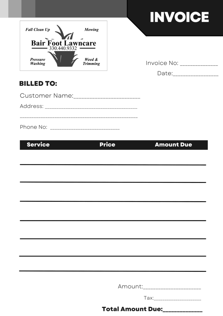 Blank business invoice representing Signs to Go's copies and printing service.